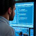 Scientist working with laboratory testing equipment with scientific data on screen.
