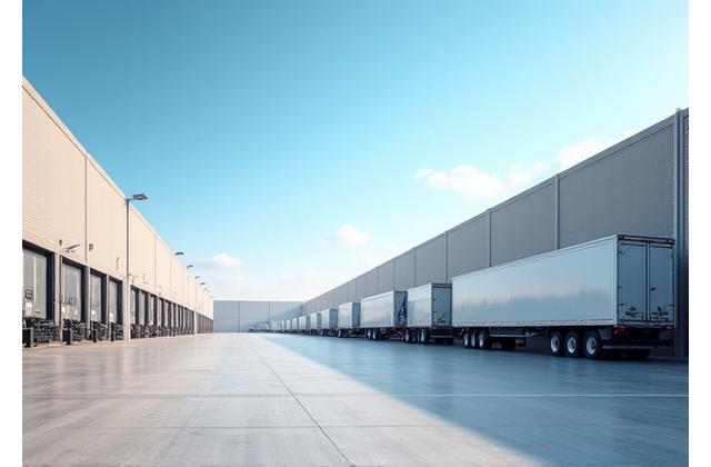 Delivery trucks lined up outside a modern distribution center